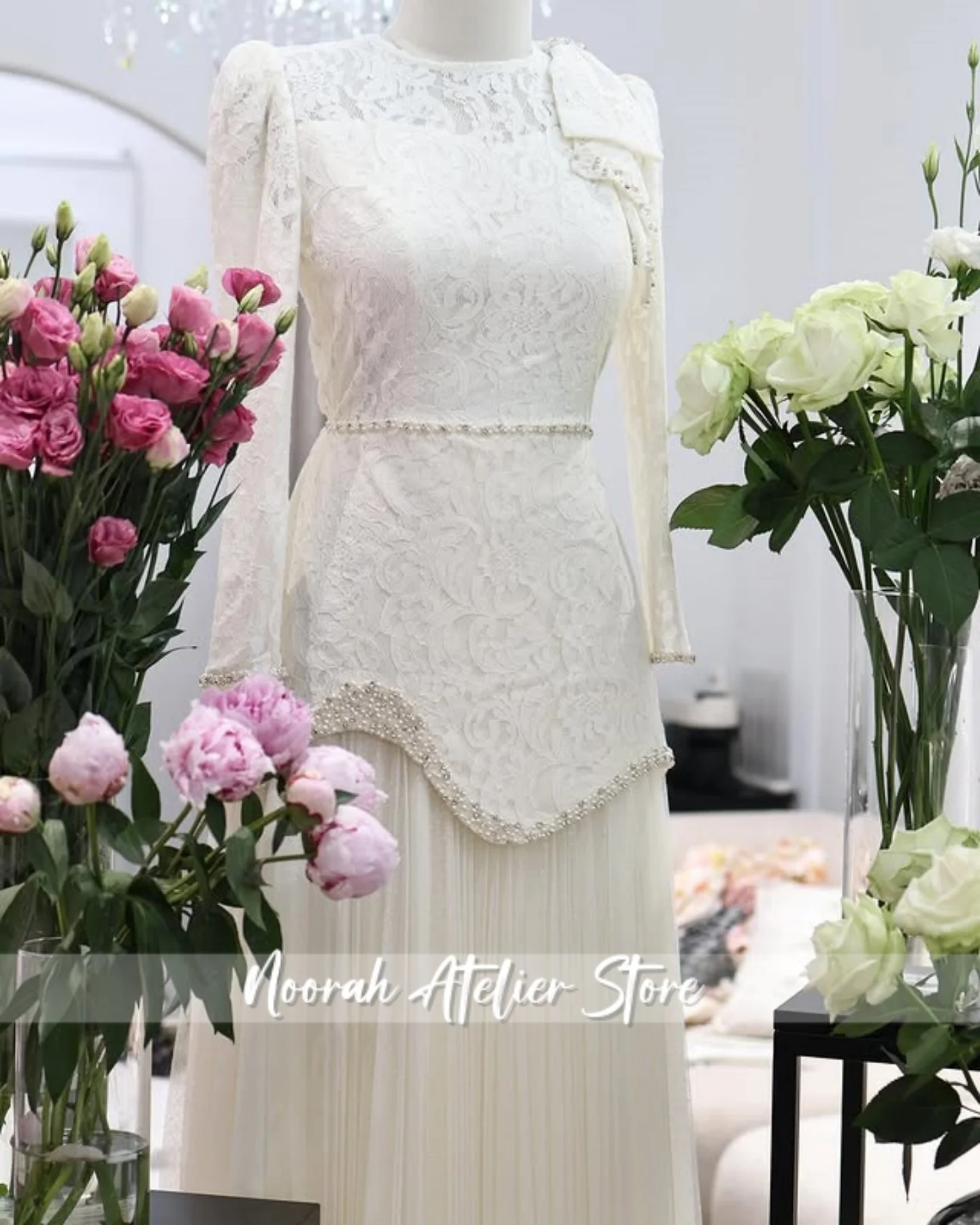 Nuevo musulmán encaje blanco O N manga larga vestidos de noche de lujo para mujer 2025 Dubai arco vestido de celebridad vestido de graduación personalizado