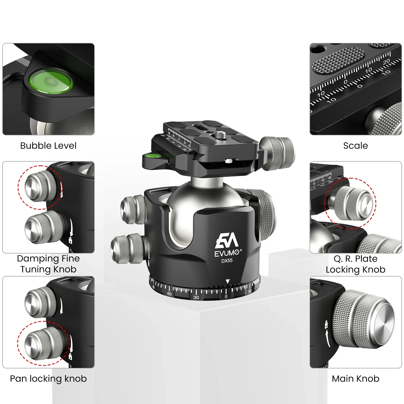 EVUMO DX55 Professional Big Ball Head Featuring a Max Load of 40kg and 360° Panoramic Shooting Versatile Use with Camera Tripods