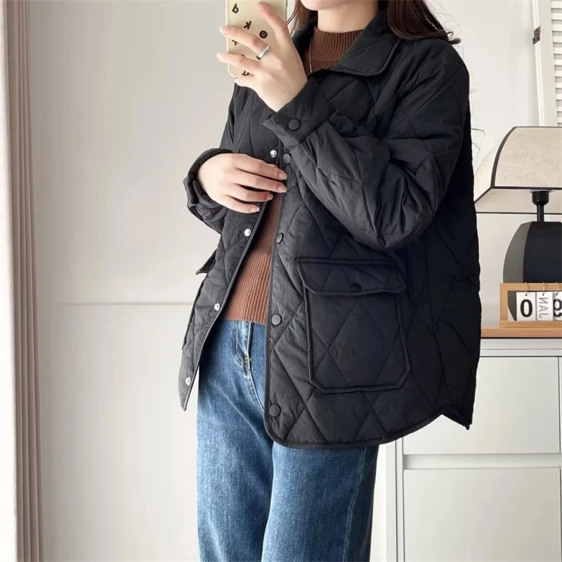 Roupas acolchoadas de algodão outono inverno novo casaco solto oversize parka feminina manga longa único breasted bolsos feminino outwear