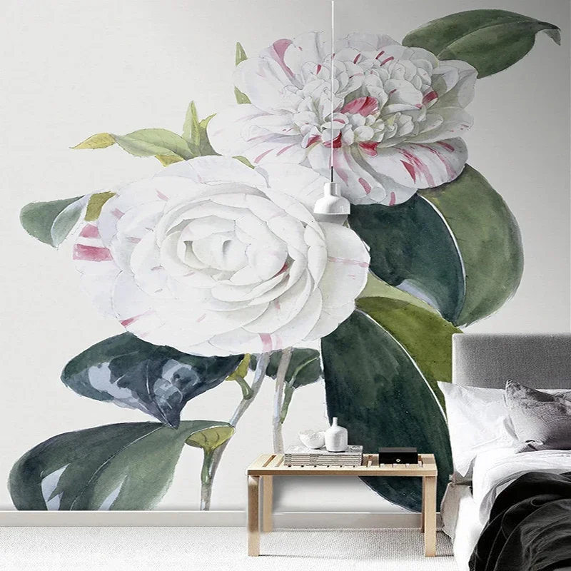 Lukisan Tangan Bunga Peony Putih Daun Kain Dinding Wallpaper Ruang Tamu Rumah Latar Belakang Dinding Klasik Dekorasi Rumah Mural