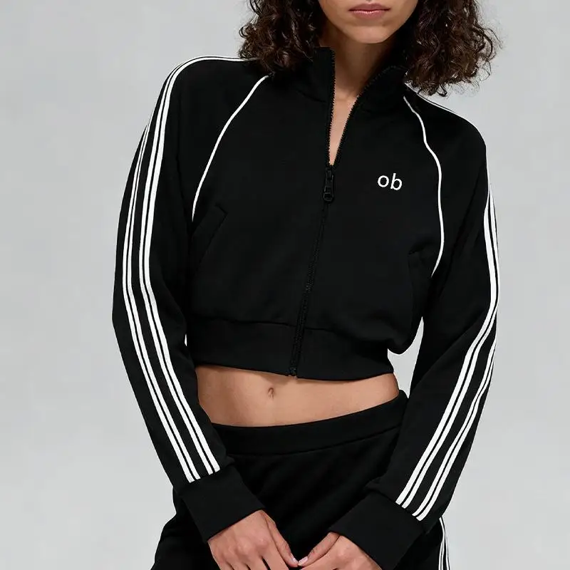 Autumn and winter new Modal air layer sandwich white stripe breathable stand up collar zipper jacket women's casual sports jacke