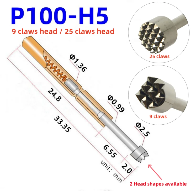 20/100PCS P100-H5 33.35mm 9 Claws or 25 Claws Head Dia 2.5mm Needle Spring Test Probe P100-H Dia 1.36mm Circuit Board Test Tool