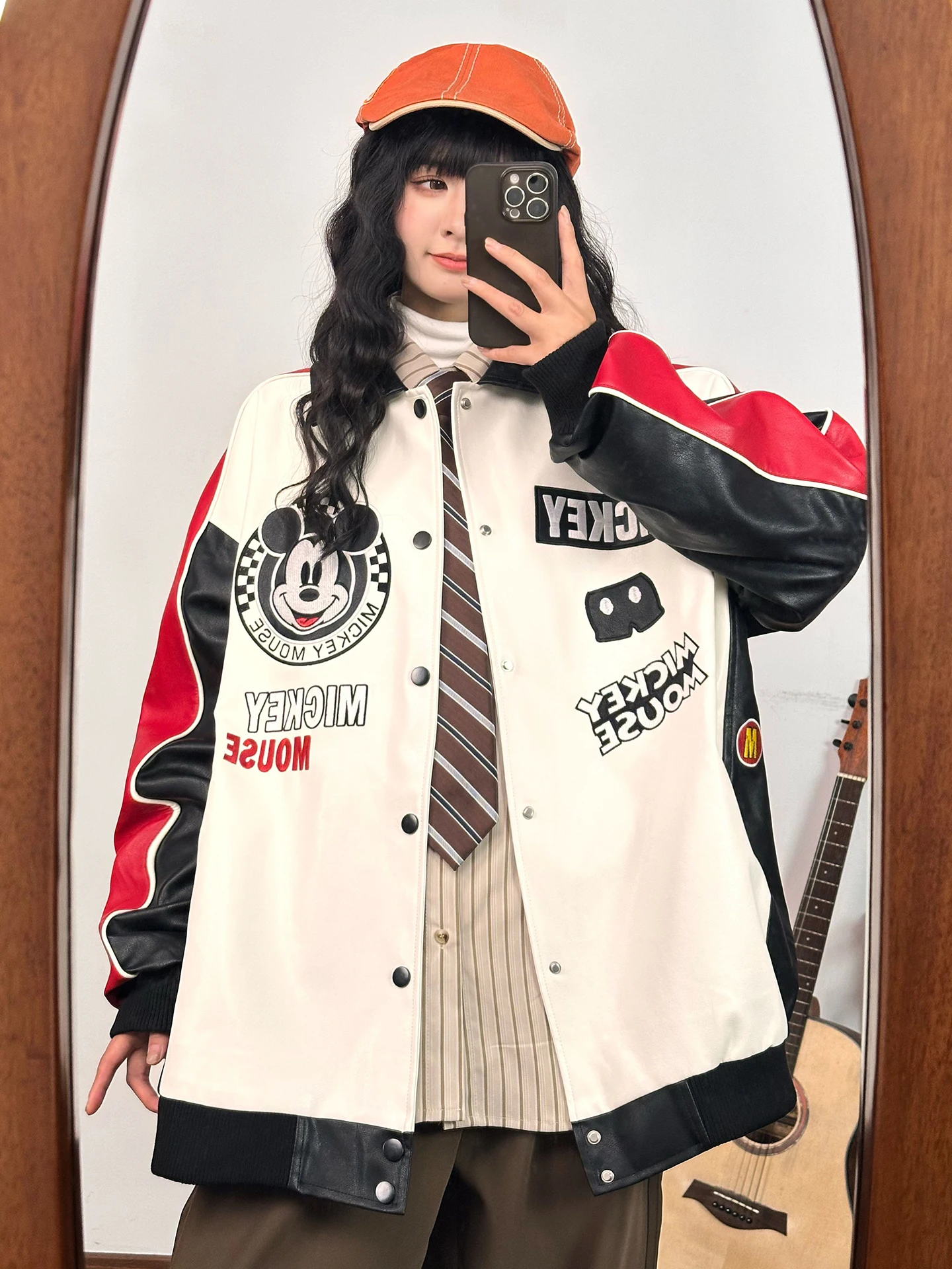 Americano retro dos desenhos animados bordado cor-bloco jaqueta de couro do plutônio para mulher solto casual único breasted casaco roupas femininas