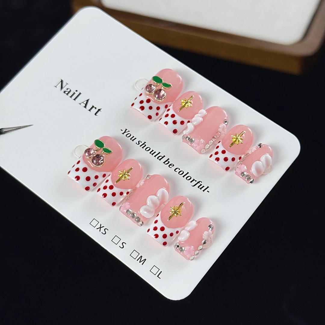 10pcs High-end Style girl version, hand-painted polka dot pattern, small cherries, flowers, with tiny diamond handmade fake nail image 4