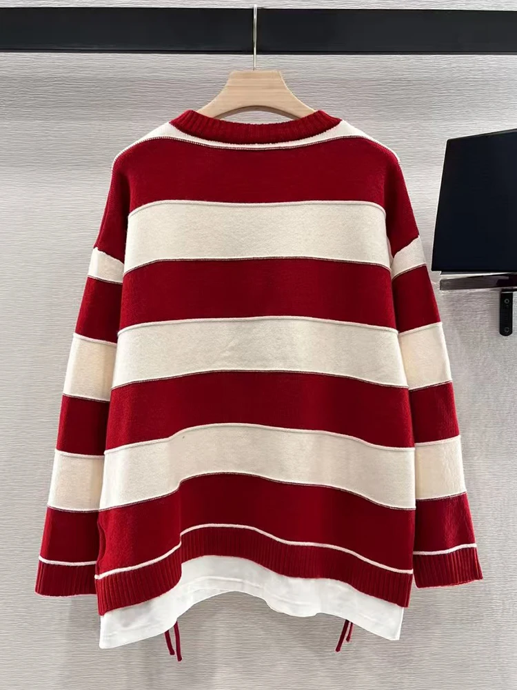 Autumn/Winter 2024 Women's new vintage striped wool blend crew neck jumper Fashion everything with hem drawstring loose sweater