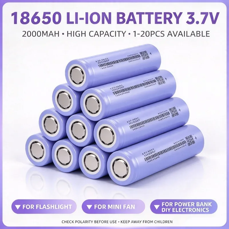 18650 3.7V 2000mAh Rechargeable Li-ion Battery Cell, High Capacity 1-20PCS for Flashlight Mini Fan Power Bank DIY Electronics