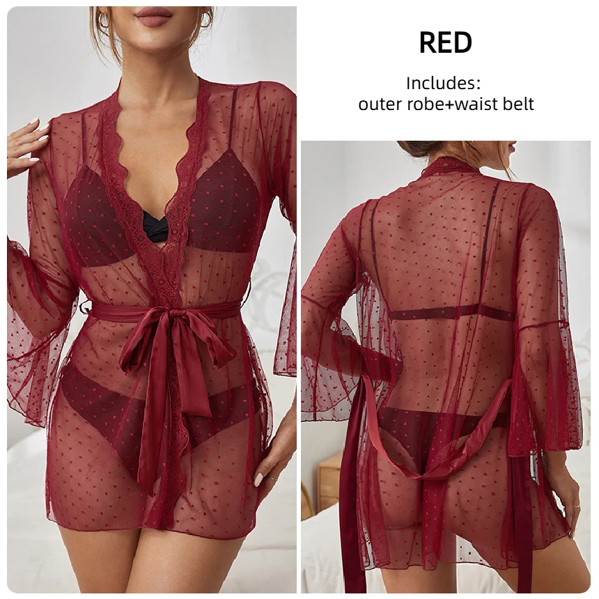 女性のセクシーなランジェリーシースルー水玉メッシュレース透明アウターローブホーム服セット