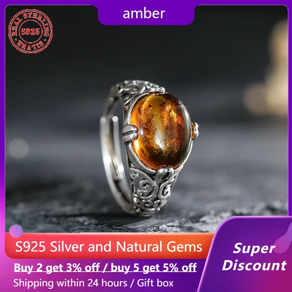 Vintage S925 Silver Wide Ring Natural Resin Amber Women's Ring Wedding Exquisite Jewelry Party Accessories Birthday Gift