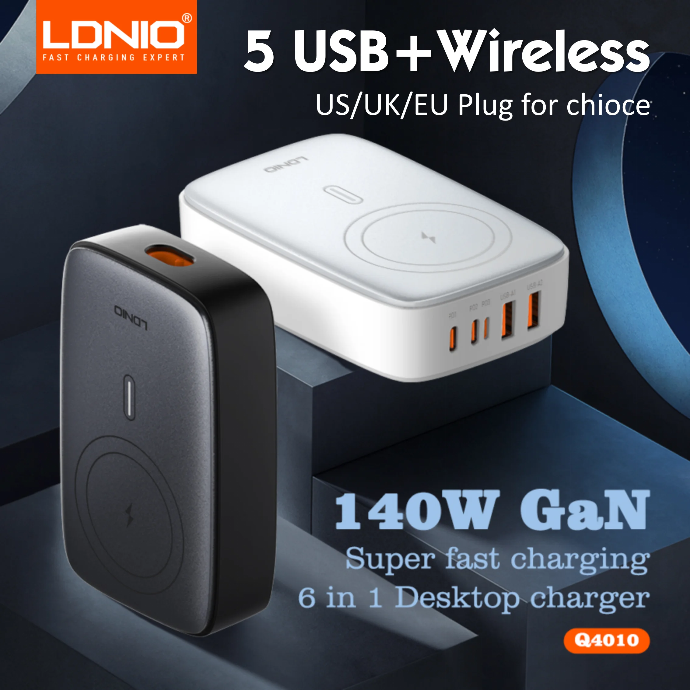 LDNIO 140W 6 in 1 Wireless Charger GaN 65W USB C Charger PD QC USB A Fast Charging Station 6 in 1 Desktop charger Extension cord