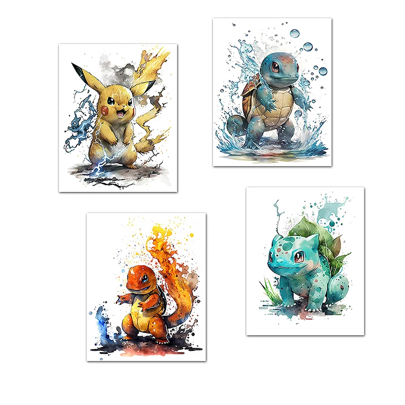 Anime Pokemon Canvas Painting Bulbasaur Charmander Squirtle Poster and Print Watercolor Wall Art Picture Home Decor Kids Gifts