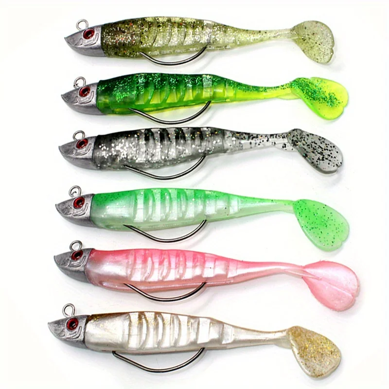Conjunto Misto de 6 Iscas Artificiais Flexíveis com Cabeça de Jig, Swimbaits de Cauda de Remo de 3.94 polegadas / 5.12 polegadas com Cabeças de Jig, Adequado para Pesca em Água Salgada e Doce, Iscas Destacáveis, Adequado para Robalo, Bagre Branco, Peixe-R