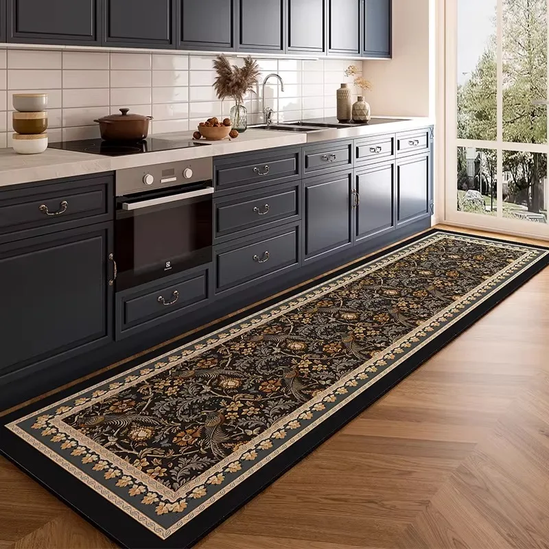 Carpet for Kithen Floor Mat PVC Waterproof Oil-proof Non-Slip Leather Rug Retro Floral Print Rugs American Style Home Decor 양탄자