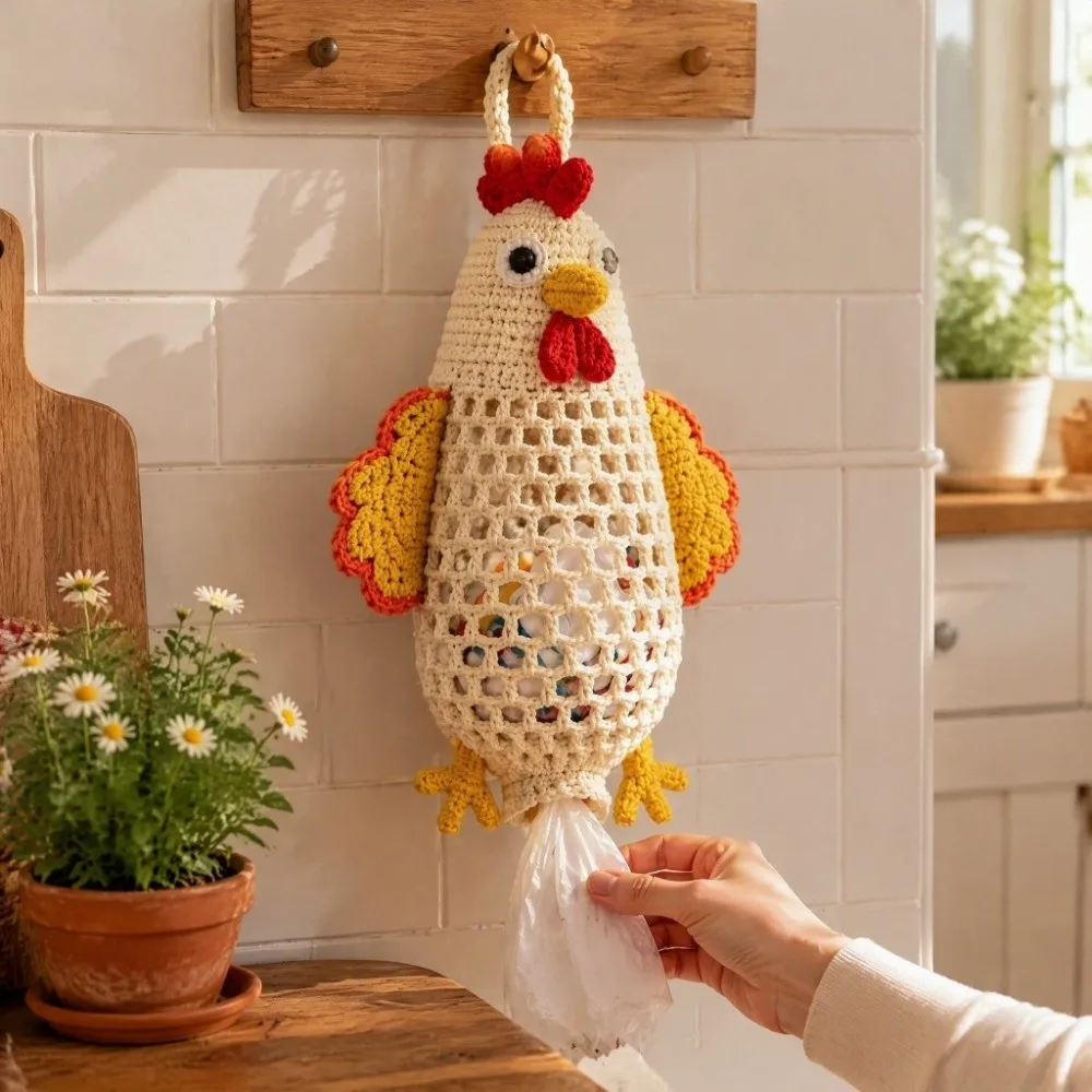 Handmade Crochet Animal Bag Holder Kit Animal Shaped DIY Yarn Craft Grocery Bag Dispenser Cute Stylish Wall Hanging