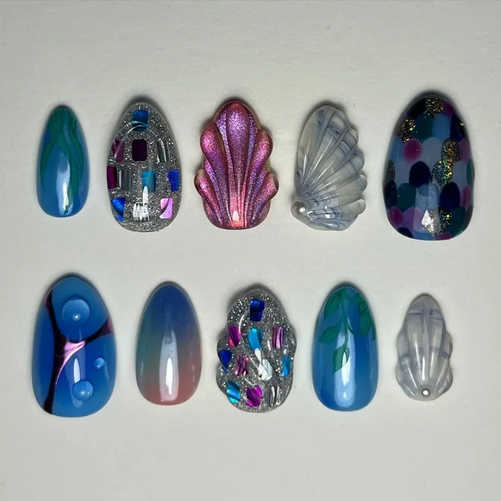 10 Stuks Handgemaakte Manicure Korte Amandel Nep Nagels Schattige 3d Shell Limited Nagels Pers Op Nagels Ontwerp Met Zelfklevende Nagelvijl Set