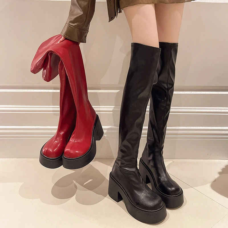 

Punk Style Women Over the Knee High Boots Fashion Round Toe Slip On Shoes Autumn Winter Thick Heel Ladies LongBooties