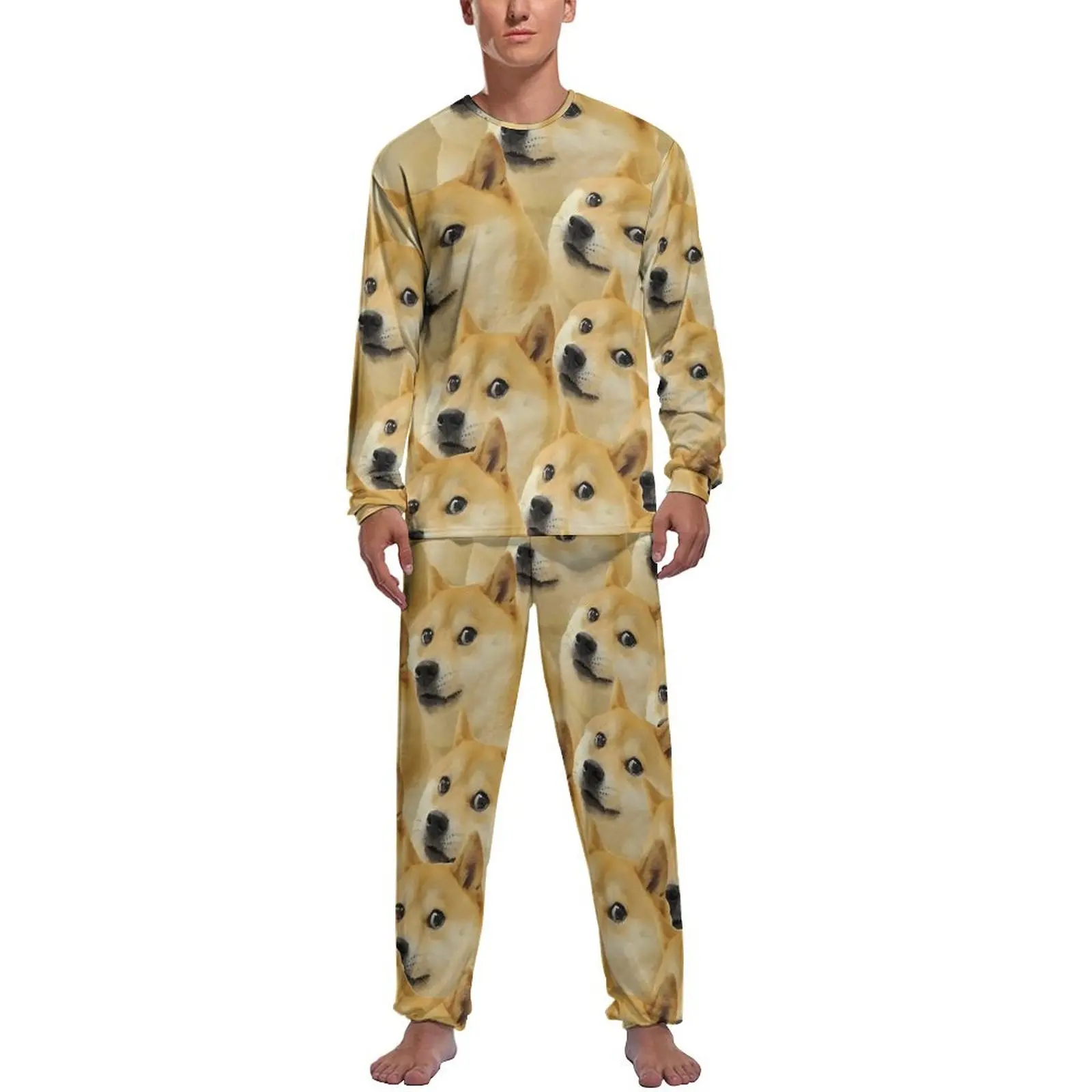 

Shiba Inu Doggo Dog Meme Montage Pajamas Long-Sleeve 2 Pieces Casual Pajama Sets Spring Men Design Retro Nightwear