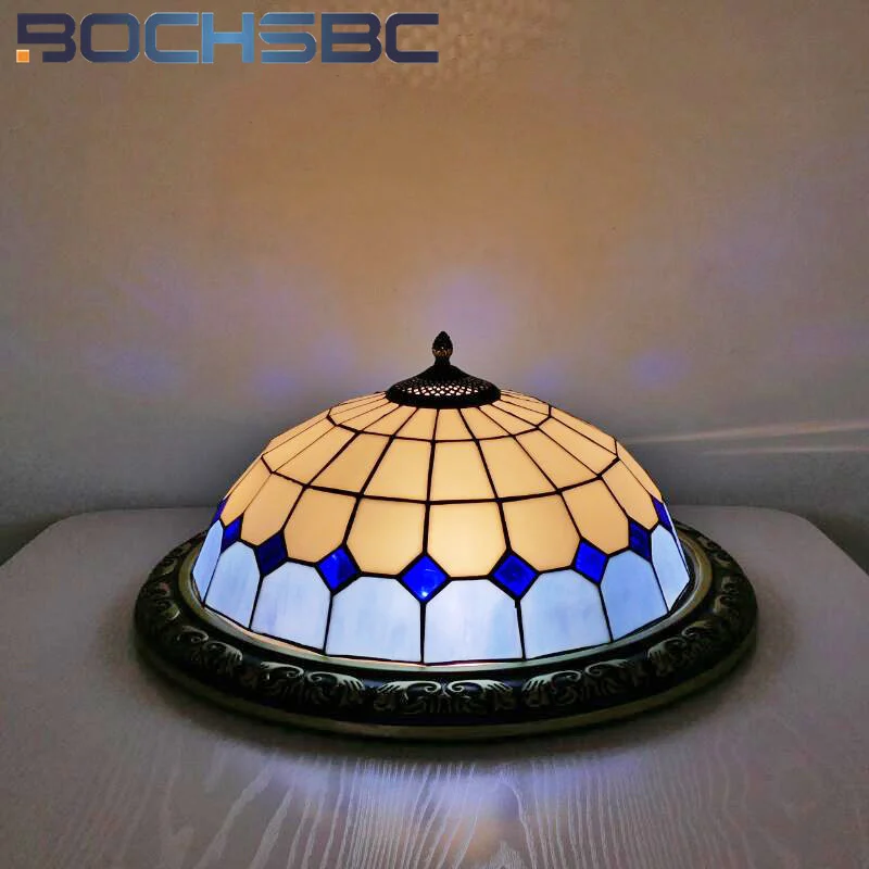 BOCHSBC Tiffany style stained glass retro Mediterranean ceiling lamp for living room dining room bedroom overhead light decor