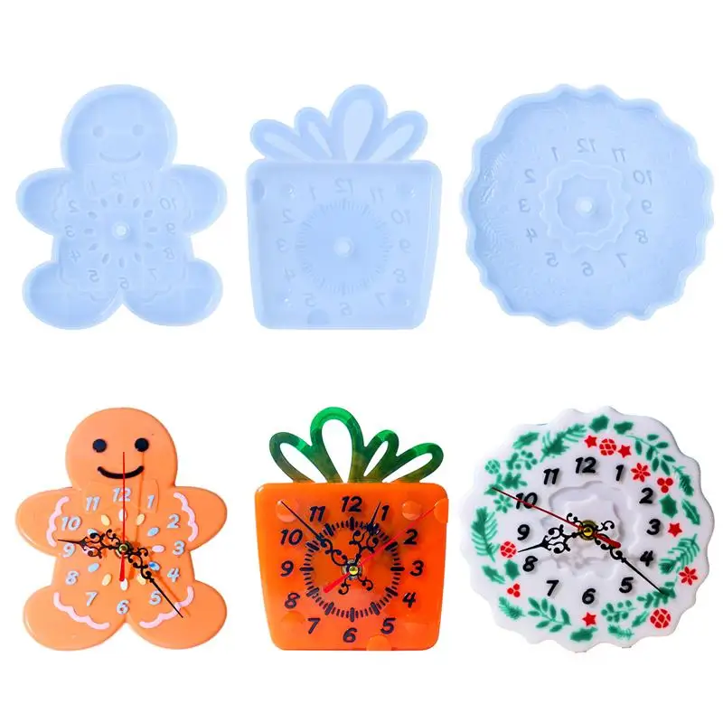 Christmas DIY Wall Hanging Clock Silicone Mold 3D Large Table Gingerbread Man Clock Ornaments Expoy Resin Molds Home Decoration