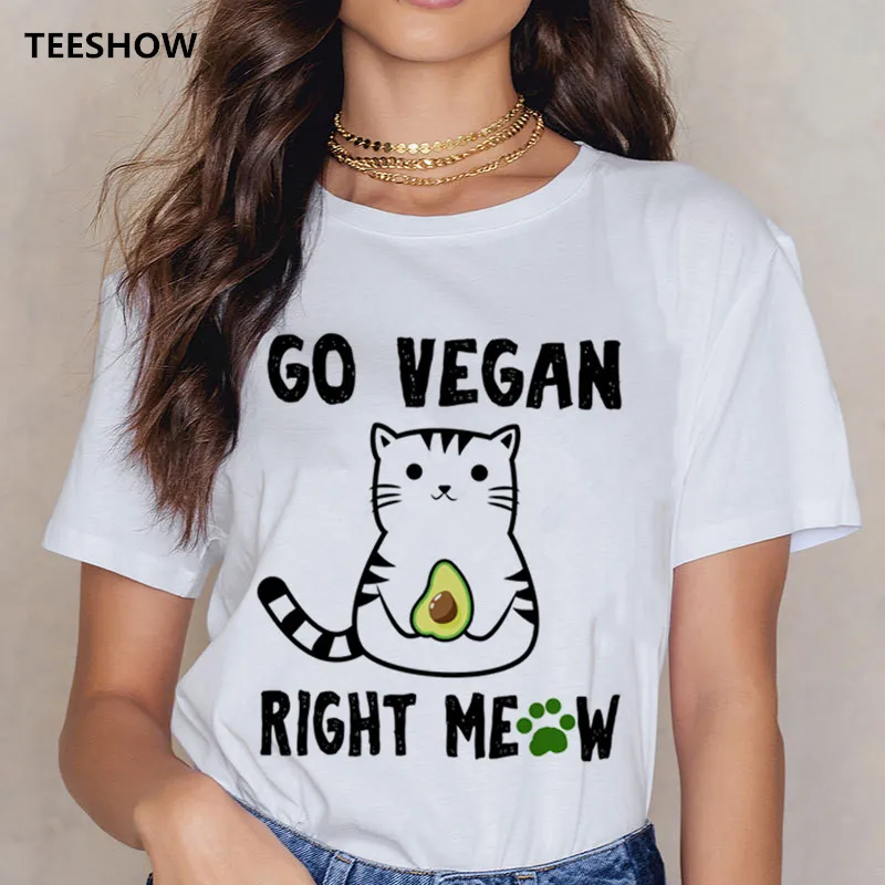 

Женская футболка в корейском стиле 90-х годов Go Vegan с забавным мультяшным котом и графическим принтом, милая футболка для девочек, повседневные футболки в стиле Харадзюку, женские