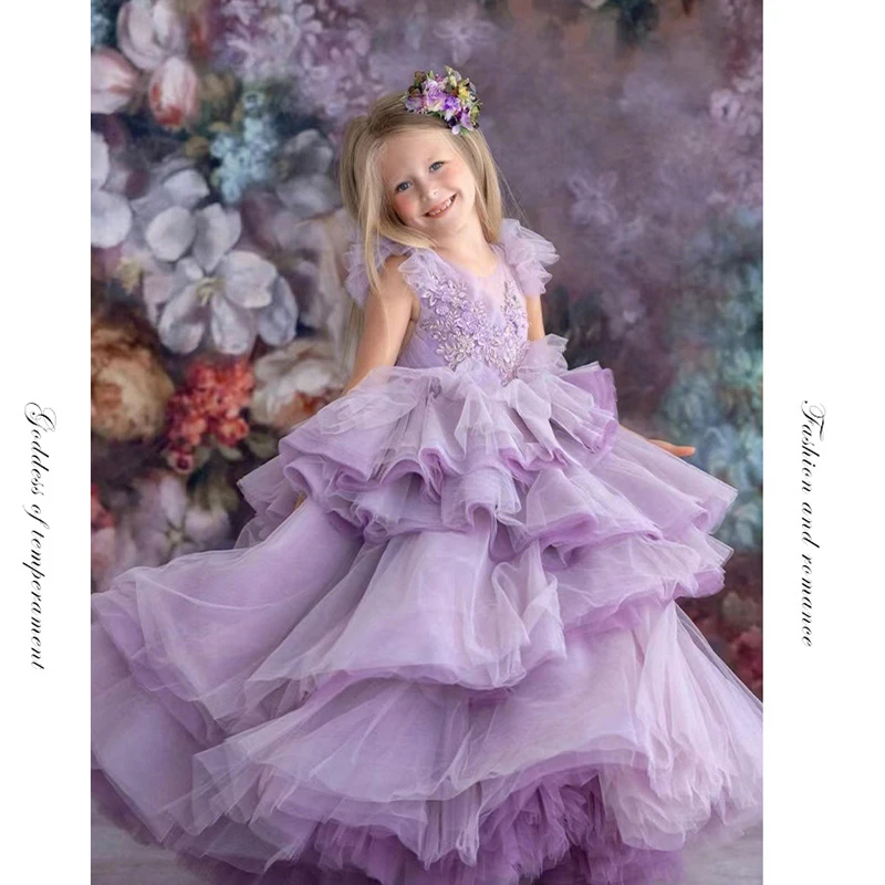 Children'S Dress, Poncho, 2022 New Style Host'S Show, Trailing Wedding Dress, Violet, European And American Princess Dress