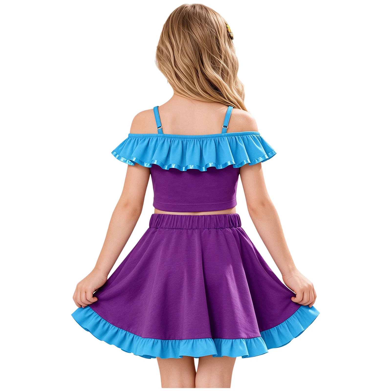 Little Girls Movie Character Cosplay Costume Cat Printed Color-blocked Ruffled Crop Top with Bowknot Pleated Skirt for Halloween
