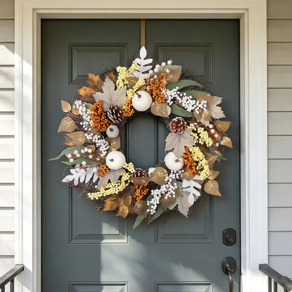 Autumn Maple Leaf Pumpkin Wreath With White Berries And Pinecones For Front Door Wall Hanging Harvest Thanksgiving Home Decor