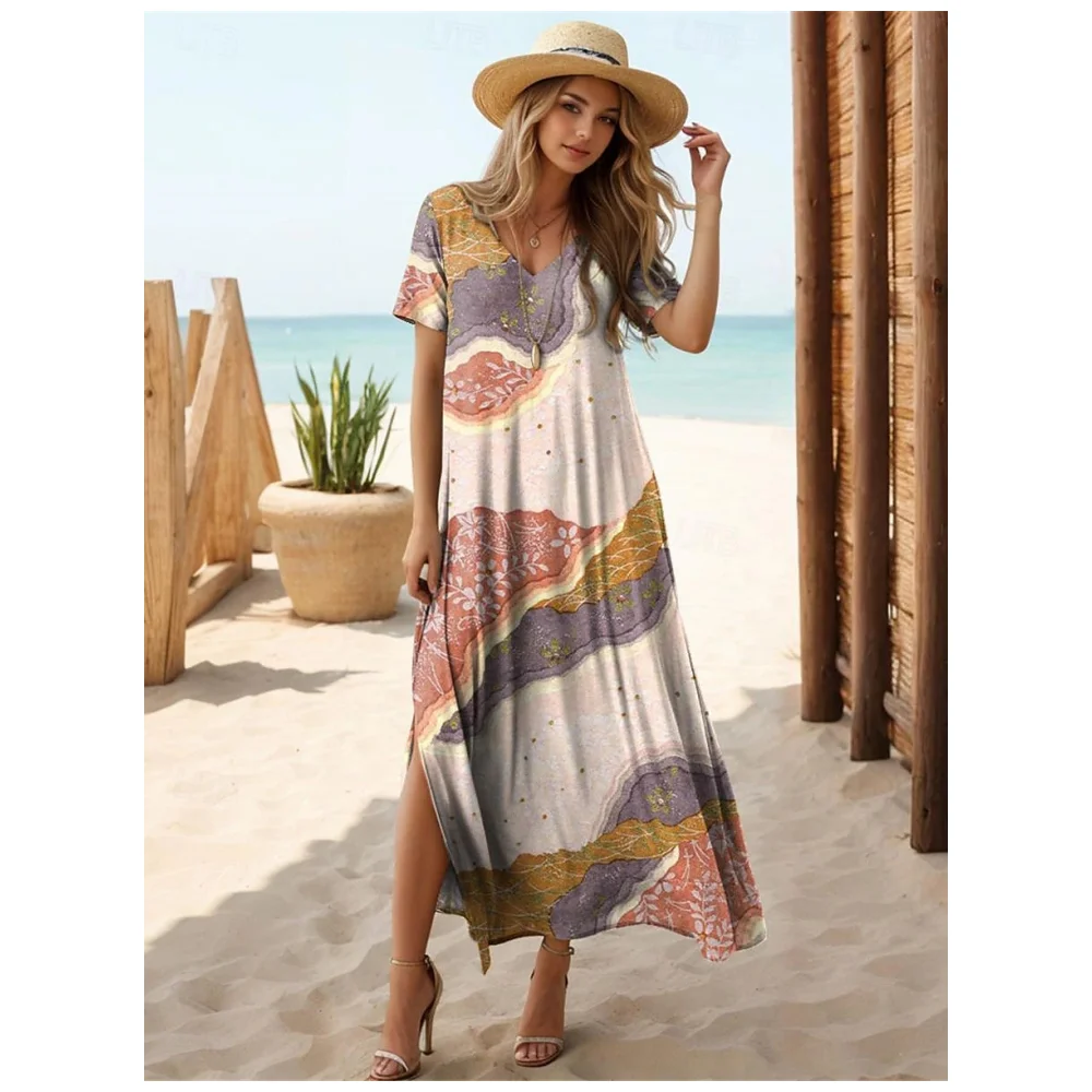 

Women V-Neck Dress Gradual Tie-Dye Print Woman A-Line Skirt Casual Fashion Lady Dresses Summer Short Sleeves Female Slit Dress