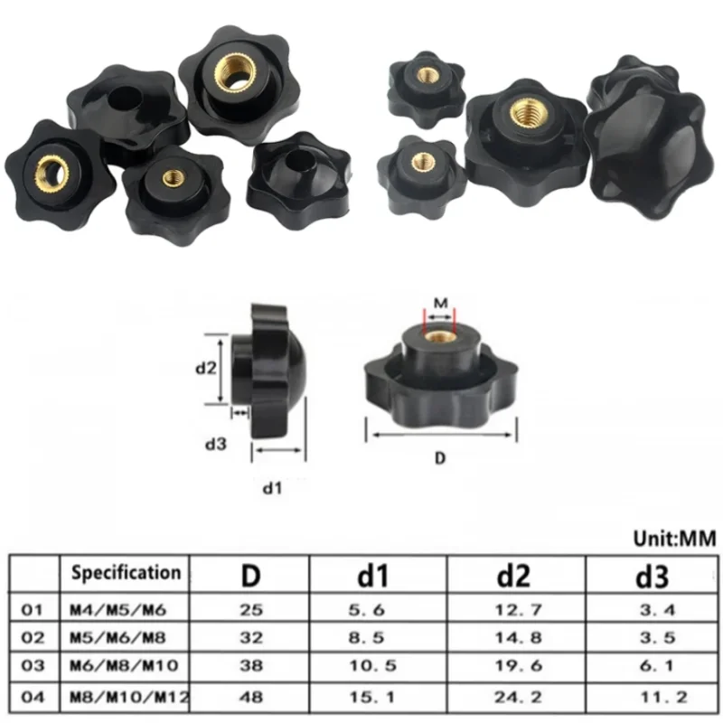 Plum Hand Tighten Nuts Handle Thread Star Mechanical Black Thumb Nuts Clamping Knob Manual Nuts