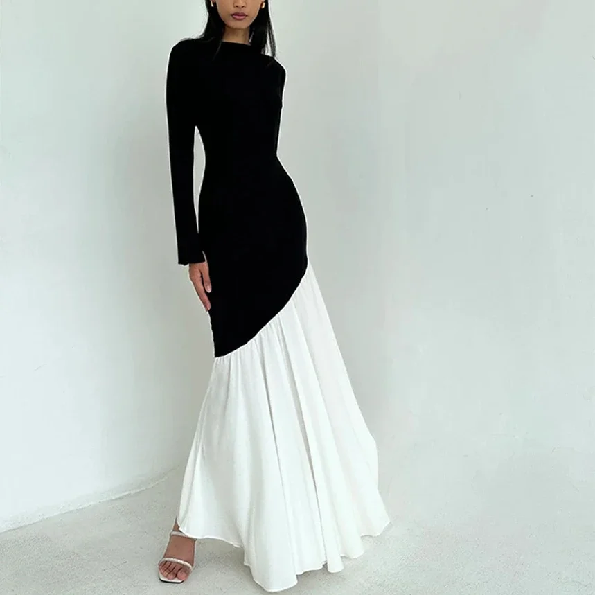 

Contrast Color Stitching Autumn/Winter Long-sleeved Dress Round Neck High Waist Womens Dresses Fashion Temperament Long Dresses