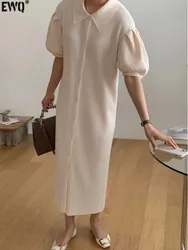 [EWQ] Elegant Versatile Lapel Single-breasted Puff Sleeve Pleated Robe Dress 2024 summer Apricot Clothing Ladies Vestidos 16F105