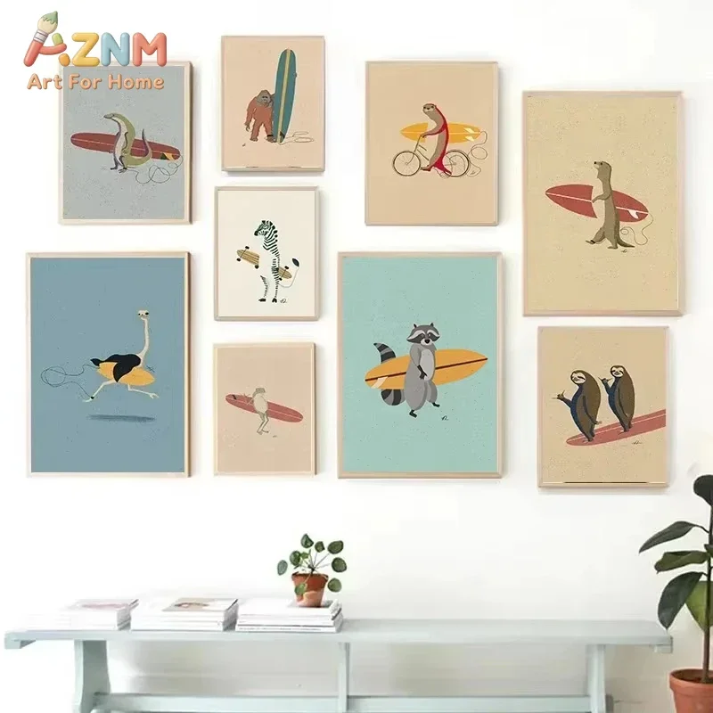 Funny Surfing Animal Canvas Prints,Cute Cartoon Sloth Bear Panda Zebra Fox Wall Art, Lovely Decor for Children Bedroom Home Gift