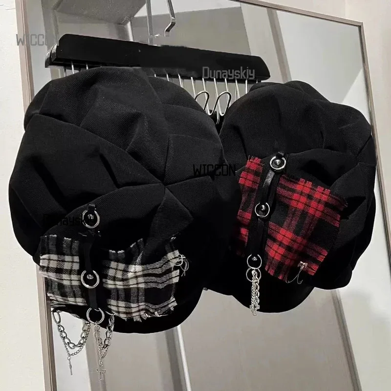 Gothic Punk Beret - Y2K Checkered Cloud  with Cross Embroidered Unisex Dark Academia Accessory Daily Wear & Halloween Cosplay