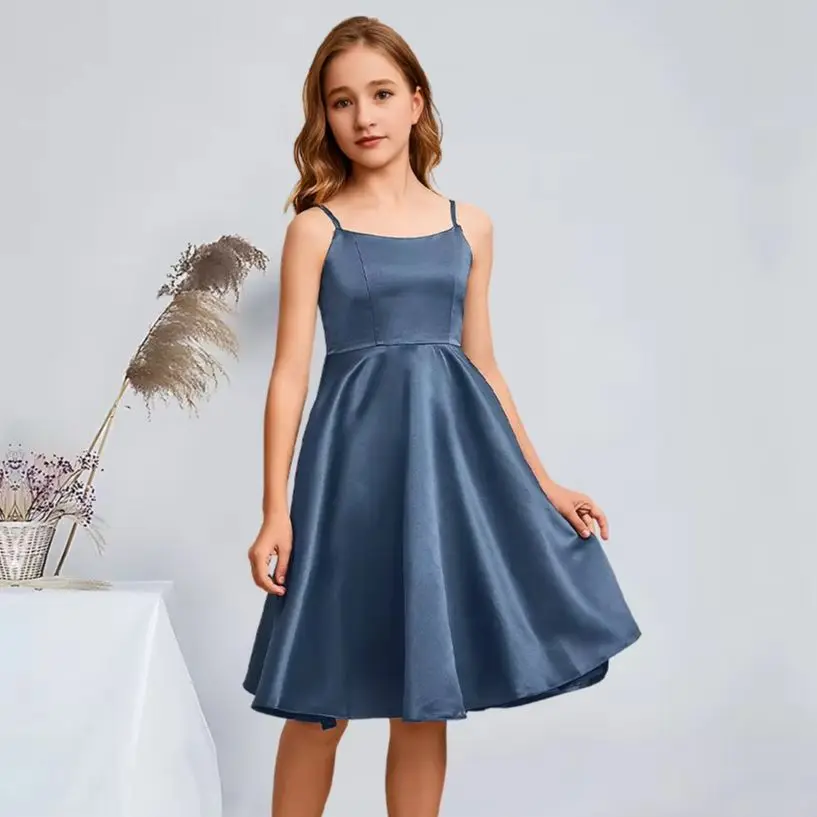 JHG Kids A-Line Scoop Knee-Length Satin Junior Bridesmaid Dresses Navy Blue Lovely Flower Girl Dresses Party Wedding Homecoming