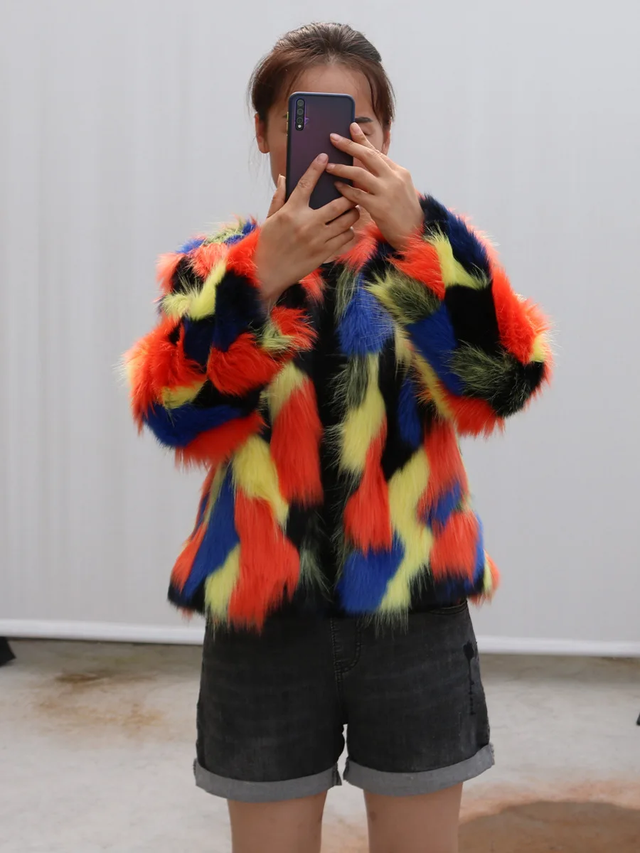 2026 Mantel Bulu Wanita Motif Cetak Kerah O Lengan Panjang Jaket Patchwork Kasual Jaket Bulu Imitasi Cardigan Mantel Tebal Hangat Musim Gugur Musim Dingin