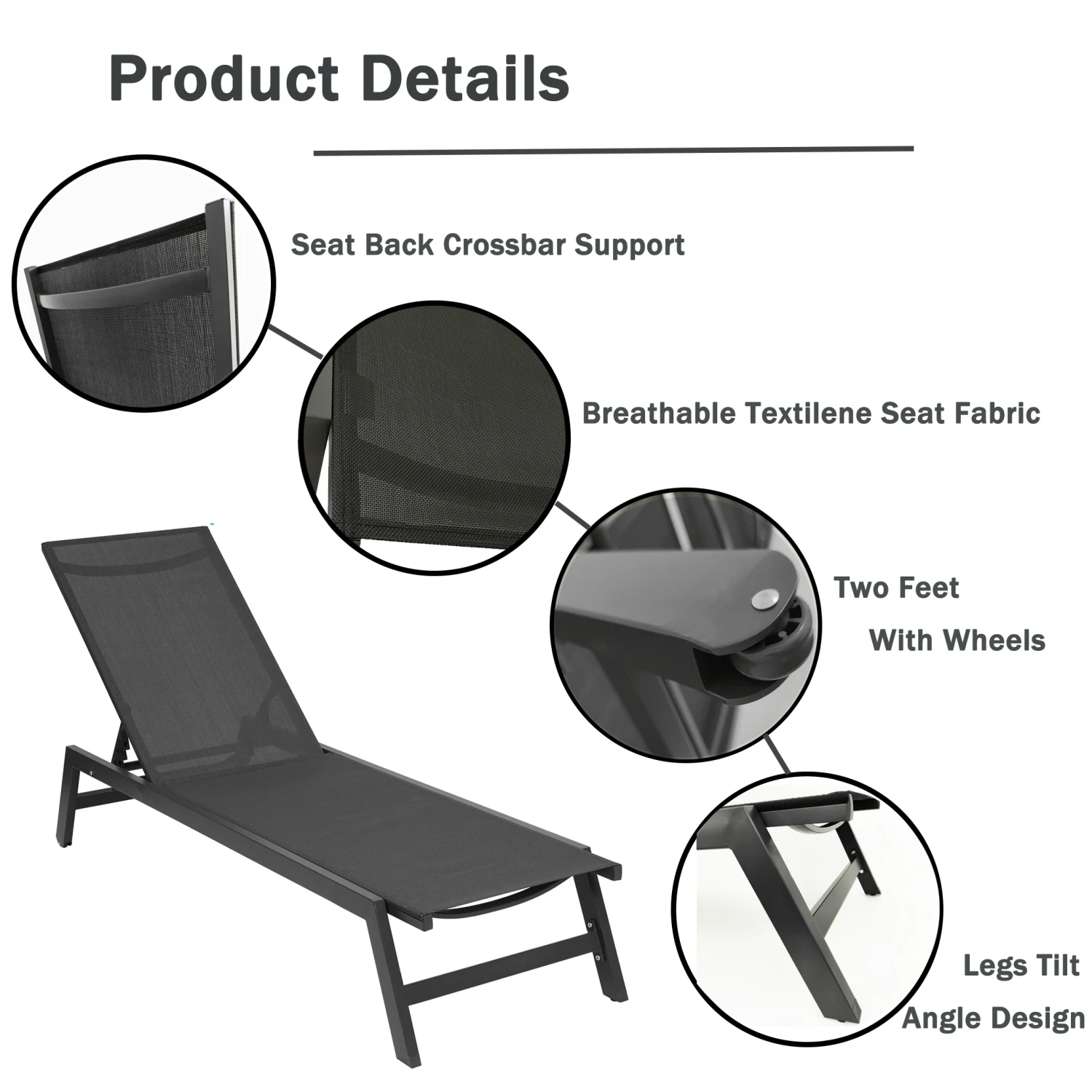 

Outdoor Chaise Lounge Chair - Five-Position Adjustable Aluminum Recliner for Patio, Beach, Yard, Pool - Grey Frame/Black Fabric