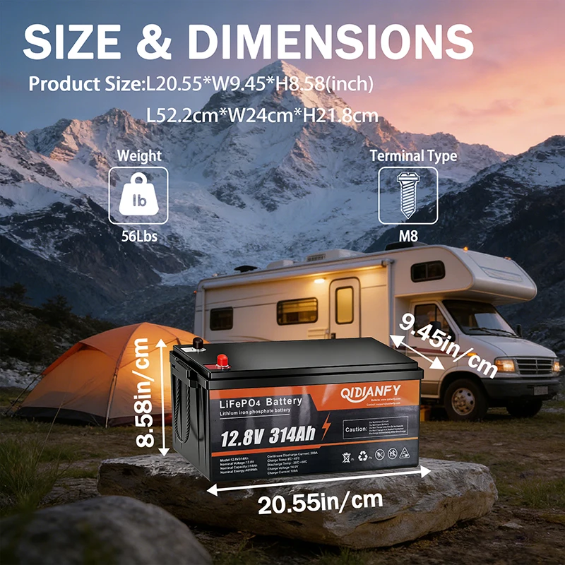 Qidianfy 12.8V 314Ah Lithium LiFePO4 Battery with 200A BMS 4019Wh Capacity 15000+Deep Cycles for RV Camping Solar Off-grid System