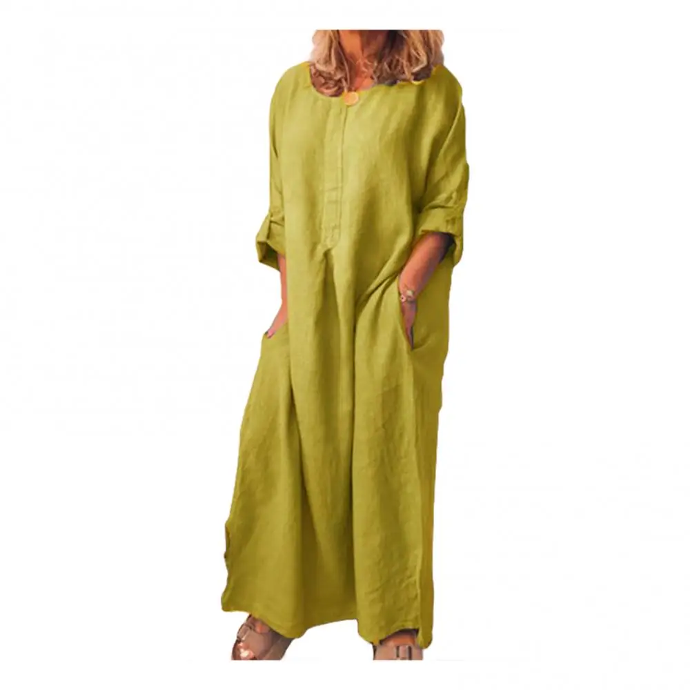 Casual Women Solid Color Oversize Maxi Cotton Linen Long Shirt Kaftan Dress Robe Femme Vestido Casual Party Pocket Dress 원피스