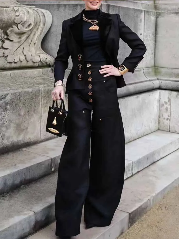 BKQU Vintage Street Denim Jacket Pants Set Women Spliced Metal Button Chic Lapel Long Sleeve Coat High Waist Wide Leg Jeans Suit