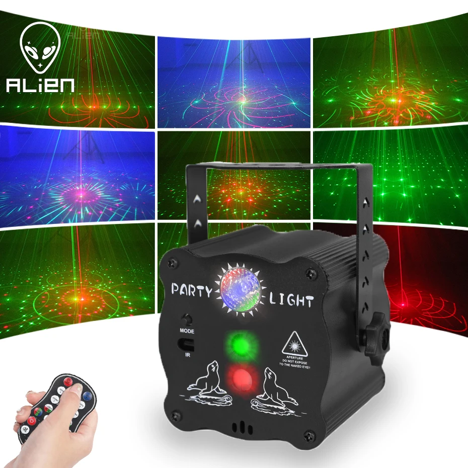 ALIEN RGB Mini DJ disko lazer ışığı projektör USB şarj edilebilir LED lamba UV ses Strobe sahne etkisi düğün noel tatil parti lambası