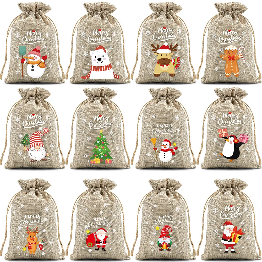 VIKAMA 12-teilige Weihnachts-Geschenktüten aus Leinen für Süßigkeiten, festliche Geschenktüten, festliche Süßigkeitenbeutel mit Kordelzug für Kinderkleidung