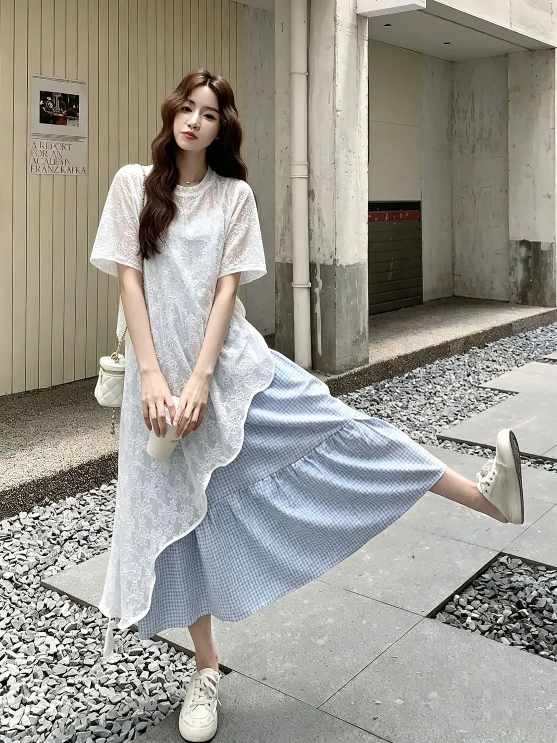 

Lace Cover up Plaid Strap Dress Set Women's Summer New Korean Sweet Two-Piece Set Breathable Polyester Short Sleeve rou...