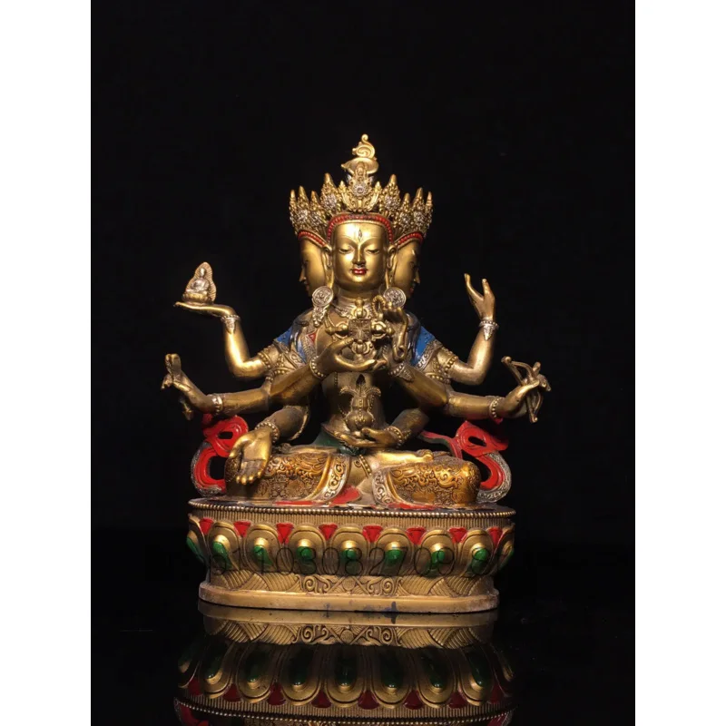 30cm Tibetan old brass painted face inlaid with gemstones, featuring a statue of the Buddha Mother