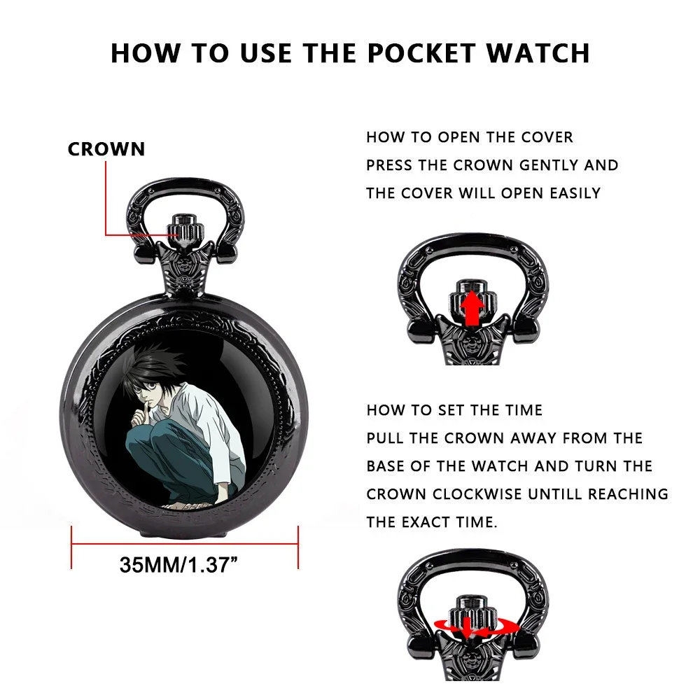 ساعة جيب Creative Death Note: قلادة كوارتز على شكل قبة زجاجية مع سلسلة متينة، قرص أرقام عربية للرجال والسيدات