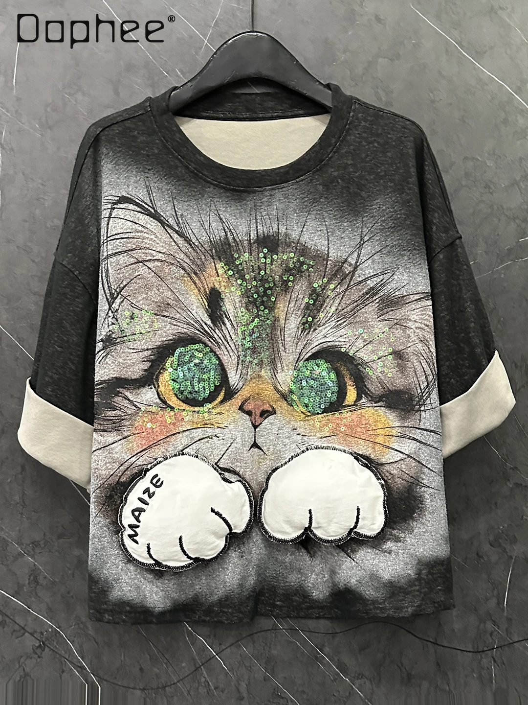 

2025 Autumn New Heavy Sequin Printed 3D Cartoon Cat Short Sleeve T-Shirt for Women Loose Casual Round Neck Black Gray Top