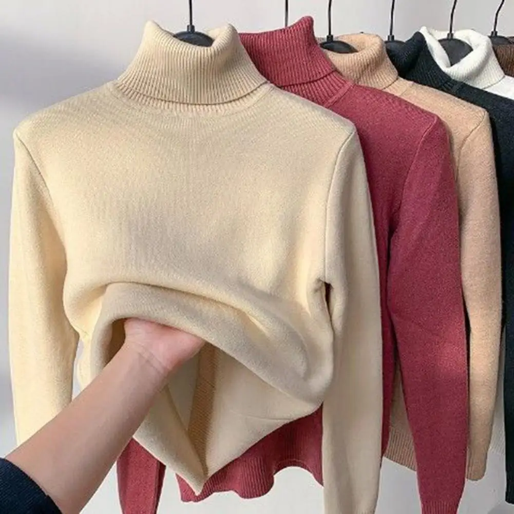 

Turtleneck Long Sleeves Ribbed Trim Thickened Women Knitwear Winter Solid Color Fleece Lining Bottoming Sweater Home Wear