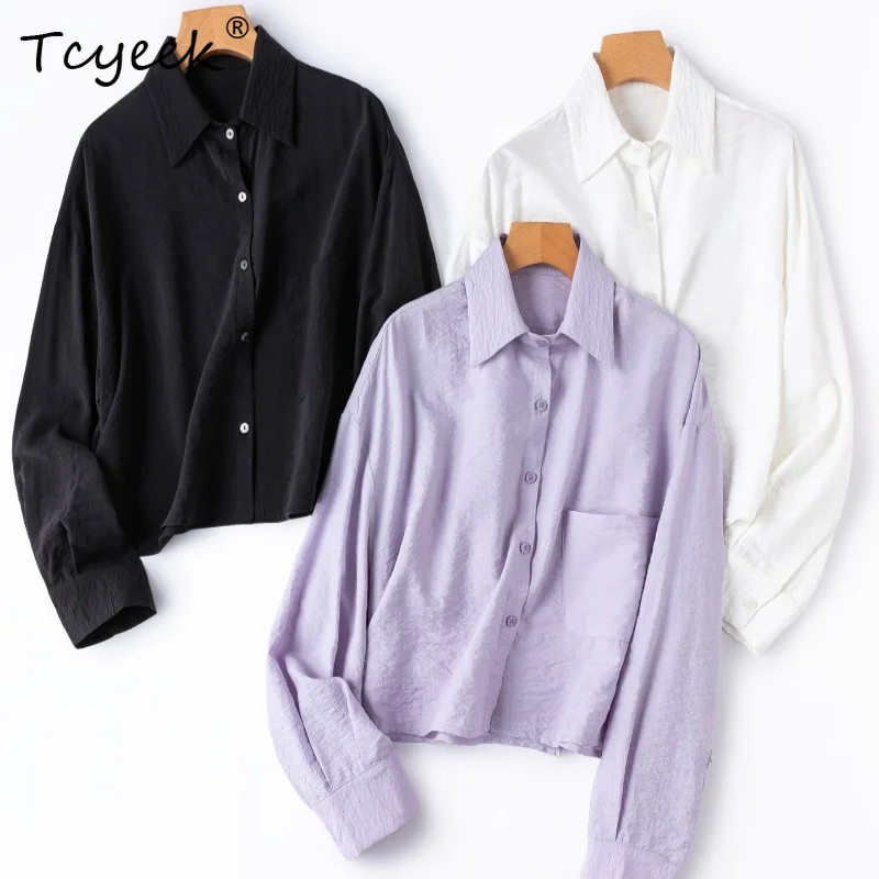 

Tcyeek 76% Real Mulberry Silk Women's Tops 2026 Spring New Elegant Square-neck Short-style Shirt Female Clothing Roupas Feminina