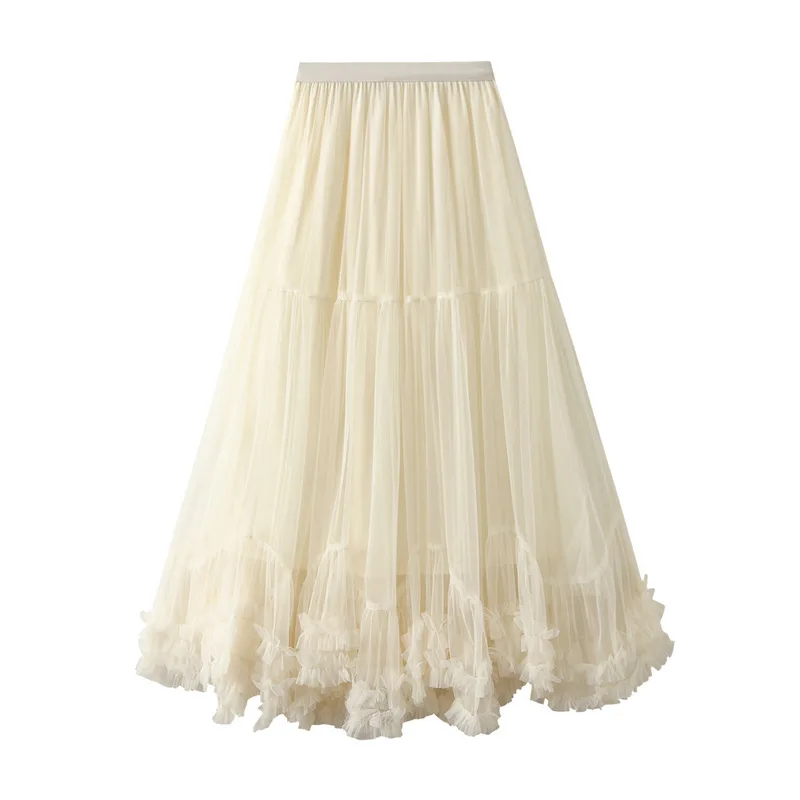 Qooth Women Sweet Tulle Cake Mesh Skirt Elegant Elastic Waist Fairy Long A-line Tutu Skirt With Big Swing For All Season QT2227