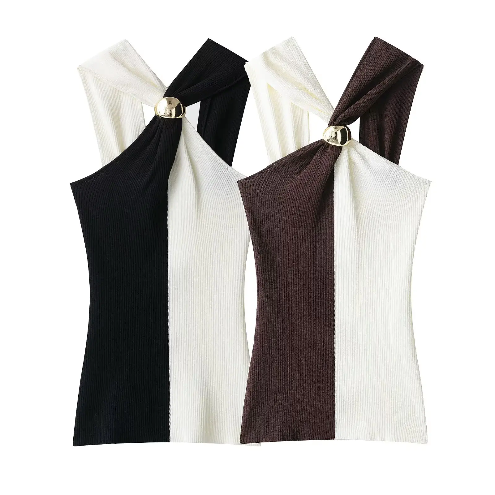 

2025 Autumn New Arrivals: European and American Style Women's Clothing Contrast-Colour Strappy Accessories Knitted Backless Top