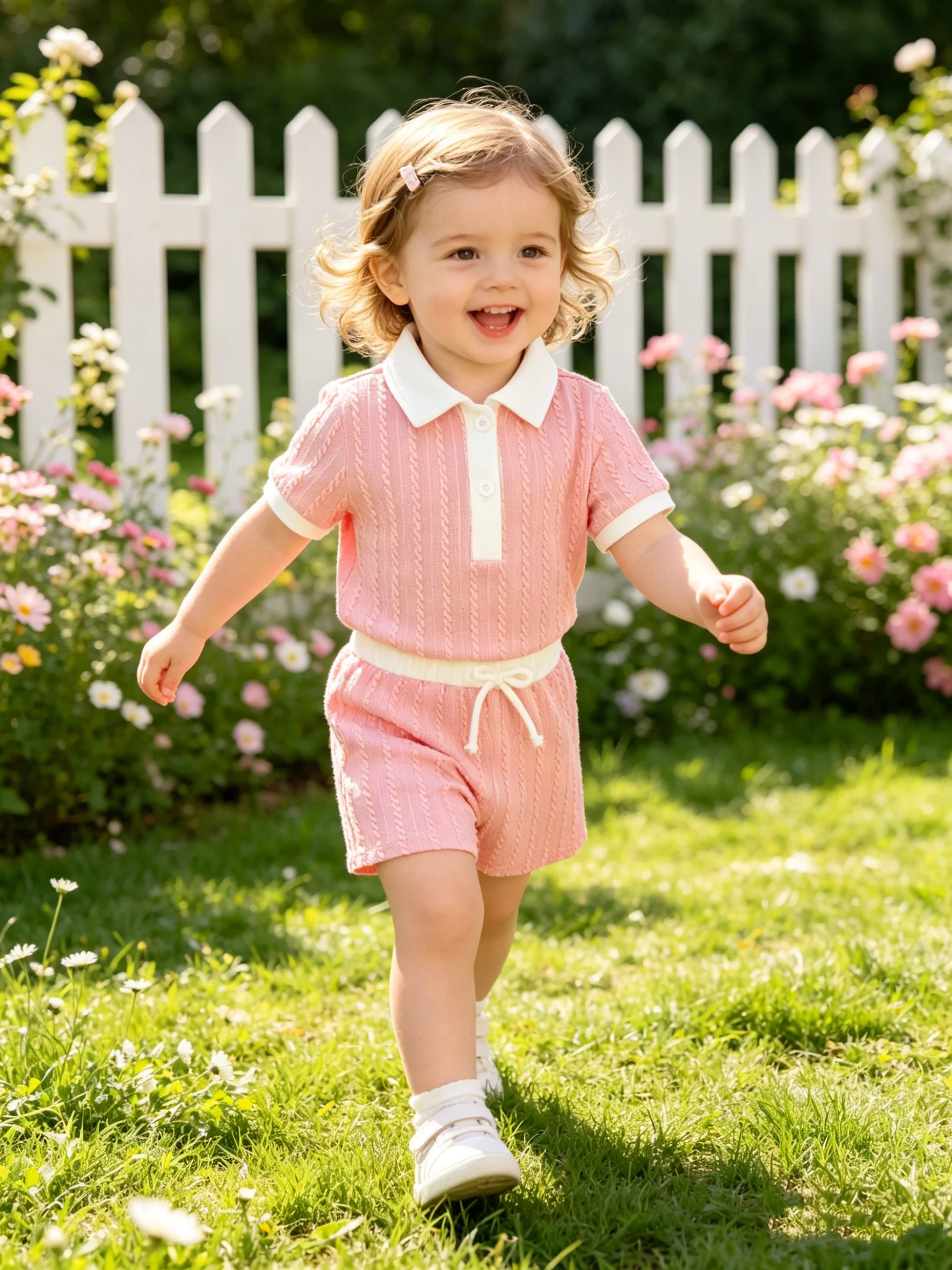 Summer Polo Neck Short Sleeve Set for Baby Girls Infant Pink Twisted Texture T-Shirt with Drawstring Short Skirt Two-Piece Set