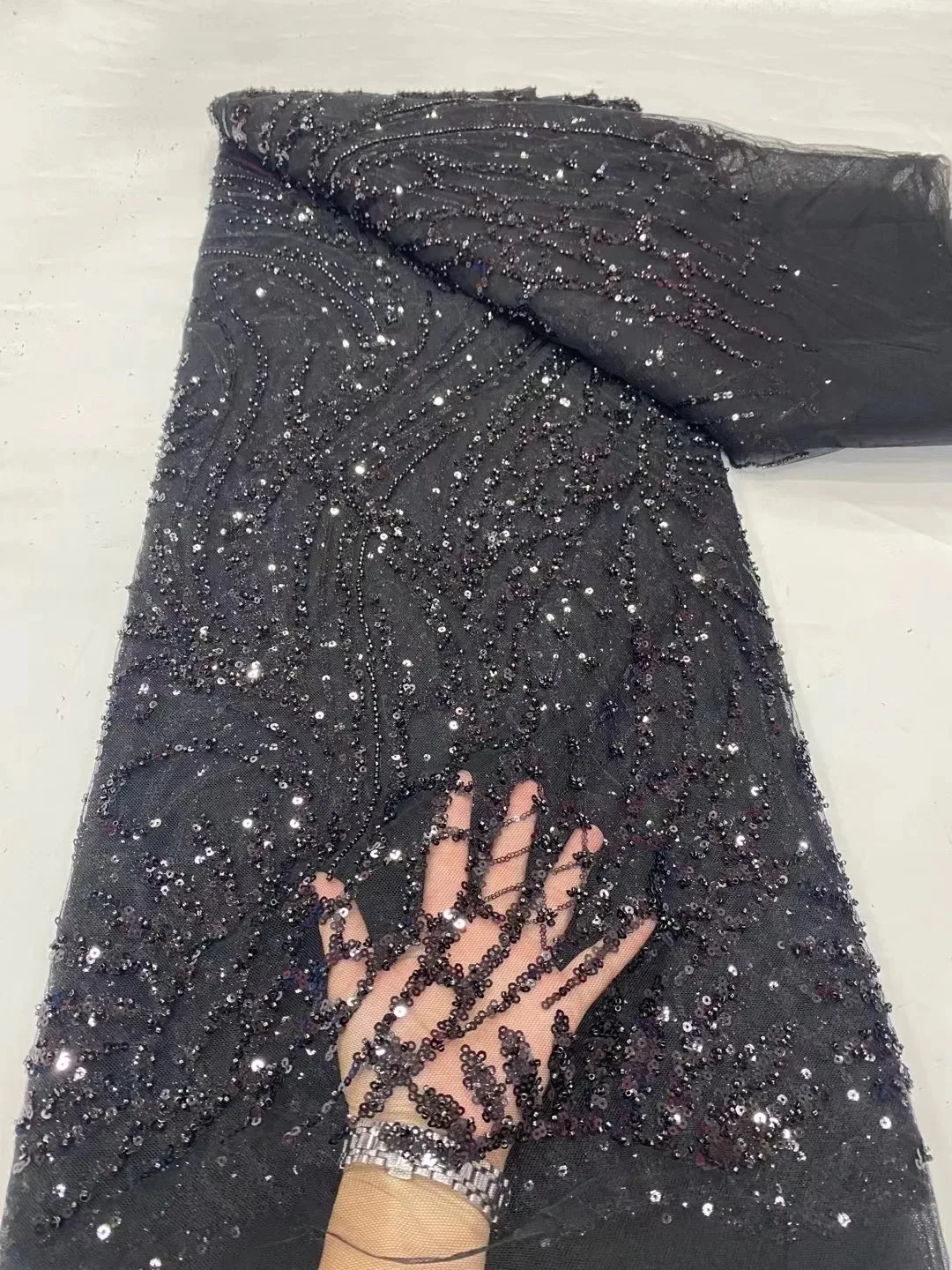 5 Yards Sequin Quicksand Style Beaded Embroidery Beaded Glitter Mesh Lace Fabric For Prom/Wedding/Banquet Dress Elegance Luxury